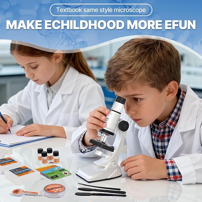 61 Piece Kids Microscope Kit - 100X-1200X with LED Light, Science Kit with Blank and Prepared Slides, Phone Holder, Carrying Box, STEM Project Toy, Educational Gift for Children Ages 6-12