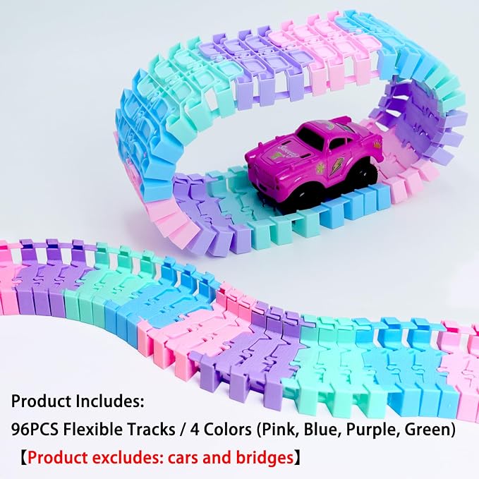 96 PCS Flexible Tracks Race Tracks Supplementary Set -4 Colors Magic Road Race Tracks Toys, 360° Rotating Flexible Train Track
