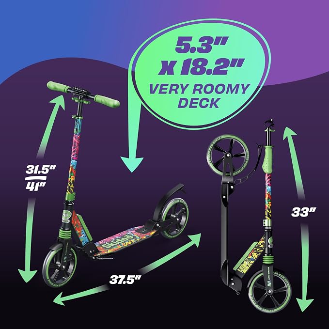 Skidee Adult & Teen Scooter Adjustable Height, Folding, Large Wheels, Lightweight, Durable, Anti-Shock Suspension, Up to 220 lbs