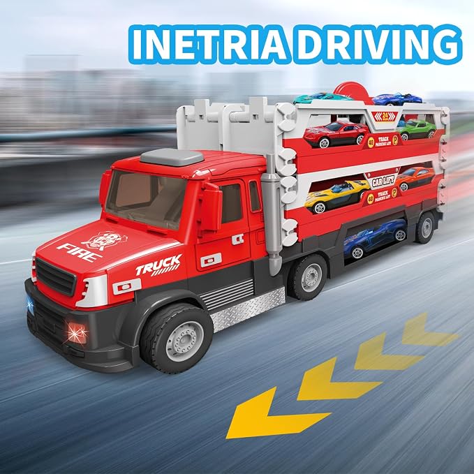 DOWELLIN 6 in 1 Transport Truck Toys for Kids, Police Trucks Carrier Cars with 6Pcs Metal Race Car with Light&Sounds, Toddler Vehicles Toys Gifts for Boys Girls Age 3 4 5 6 7 8-Red