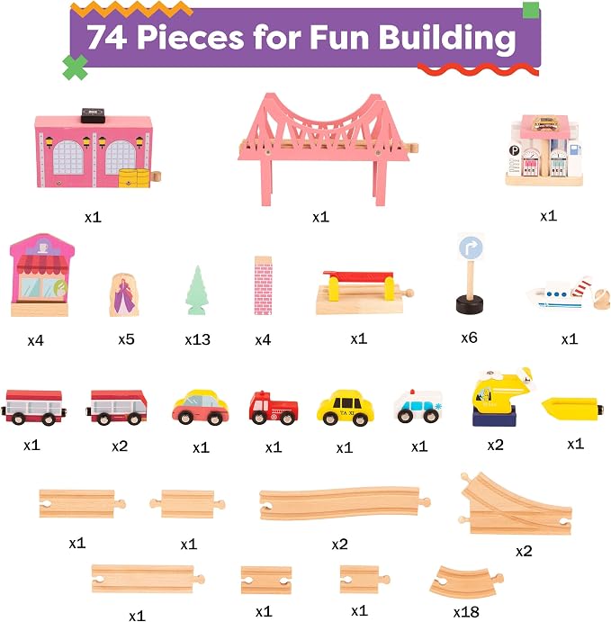 Wooden Train Set with Train Table - 75PC Play Set with Tracks, Vehicles, Buildings, Illustrated Play Surface, and Activity Table by Hey Play (Pink)