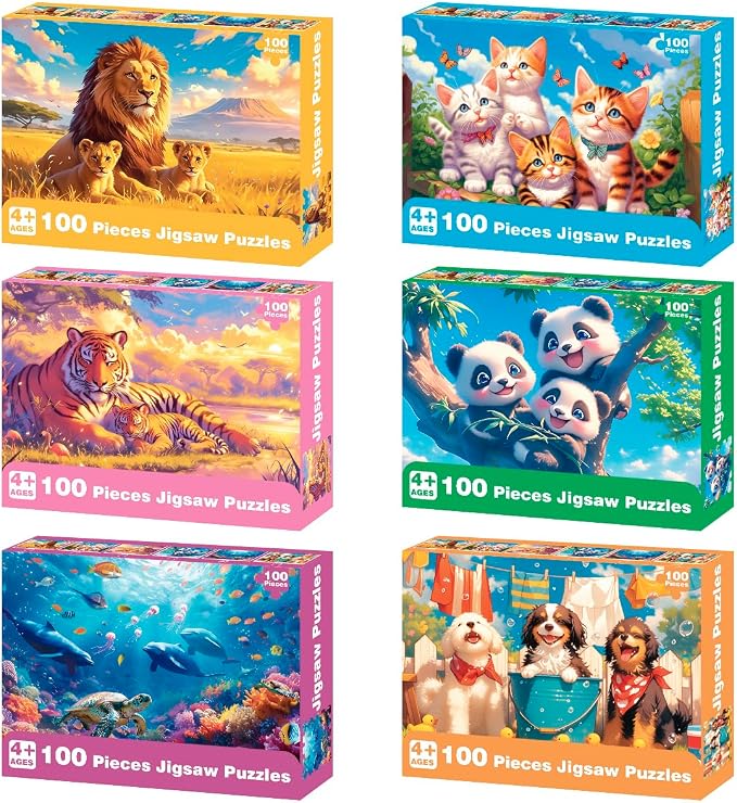 Yigney 100 Piece Puzzles for Kids - Ages 4-6 6-8 8-10 Year Old - Lions, Cats, Pandas, Tigers, Dogs, Turtles, 6-Pack Jigsaw Puzzles for Kids Learning Educational Toys for Boys and Girls