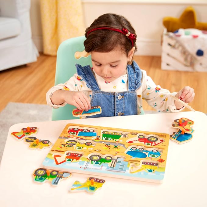 B. toys – Peek & Explore – Construction Trucks – Wooden Peg Puzzle – Peg Puzzle for Toddlers, Kids – 8 Construction Vehicle Pieces – Dump Truck, Cement Mixer, Excavator & More – 2+ Years