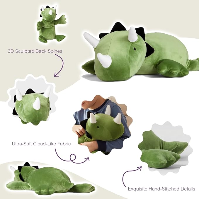 OSOCU® Microwavable Heating Pad Green Triceratops Plush - 1.4 Lb Weighted Stuffed Animal Toy with Tourmaline Beads & Lavender - 16" Squished Long Dinosaur Pillow - Lumbar Back Cushion Lasting Warmth