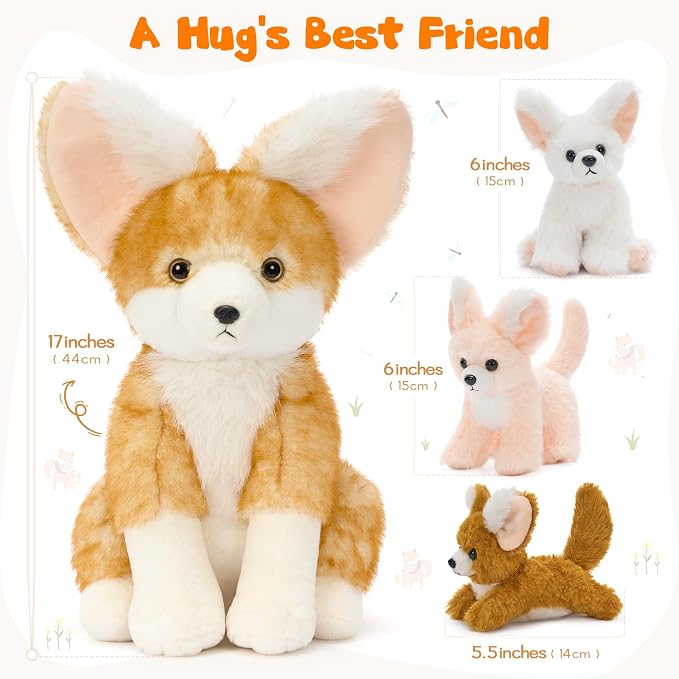 4Pcs Fennec Fox Plush Toy, Cute Soft Mother Fox Stuffed Animal with 3 Fennce Fox Babies, 17.4" Giant Zoo Animal Plushies for Kids, Huggable Stuffed Wild Animal Gift for Christmas Birthday