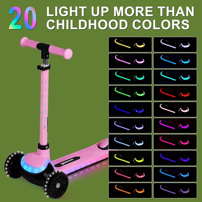 Rahmory Kids Scooter for Boys Girls Ages 3-8, 3 Wheel Light Up Toddler Kick Scooter with 20 Dynamic LED Modes, Foldable Adjustable Height, Extra Wide Deck, Lean to Steer Outdoor Toy Gift