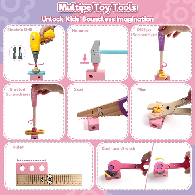 TONZE Wooden Kids Tool Set with Drill 44Pcs Montessori Toys for 3 Year Old Girl, Educational STEM Toys Toddler Tool Set with Apron & Box Birthday Gifts for 3 4 5 6 Year Old Girls (Pink)
