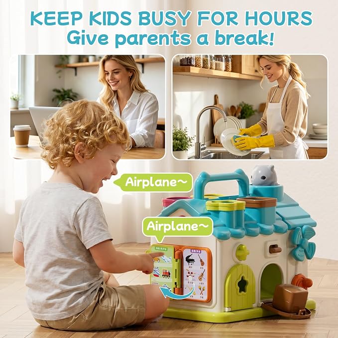 Baby Montessori Toys for 1-2 Year Old Boys Girls, 20-in-1 Musical Educational Activity House with 4 Shape Blocks, Fine Motor Sensory Toy for Toddlers 1-3, First Birthday Gift for 1 Year Old Boy Girl