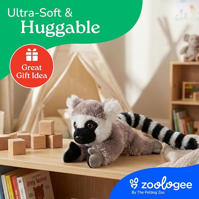 The Petting Zoo Ring Tailed Lemur Stuffed Animal Plushie, Gifts for Kids, Scoopz Wildlife Animals, Lemur Plush Toy, 8 inches