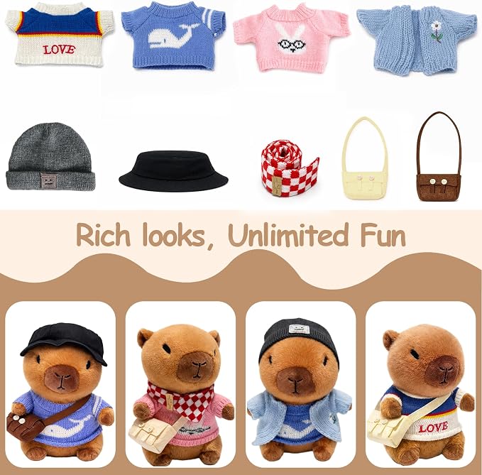 10.2" Brown Capybara Plush Toy with 9 Clothes and Accessories Super Soft Capybara Stuffed Animal for Kids Girls Boys (Blue Capybara)