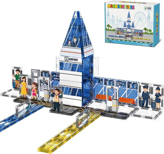 AFUNX Magnetic Tiles, 54PCS Airport Theme Building Blocks Set, Magnet Building Blocks and STEM Preschool Educational Toys for Kids Toddlers Ages 3-5 5-7 8-10