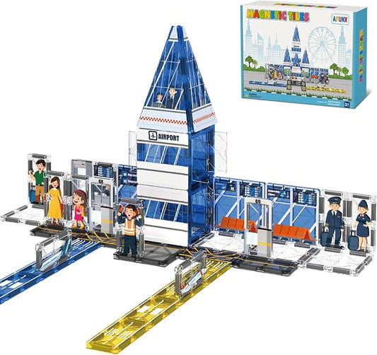 AFUNX Magnetic Tiles, 54PCS Airport Theme Building Blocks Set, Magnet Building Blocks and STEM Preschool Educational Toys for Kids Toddlers Ages 3-5 5-7 8-10