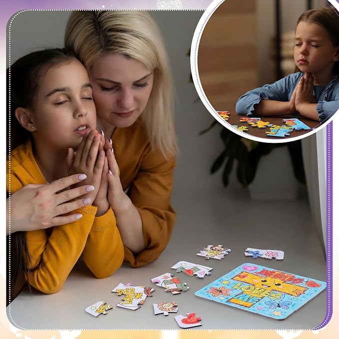 Realspring 24 Pack Religious Jesus Loves Me Color Your Own Jigsaw Puzzles for Kids 3-5, 4-6, 6-8, Coloring Crafts DIY Paper Puzzles Party Favors Gifts for Toddler Children Learning Education Toys
