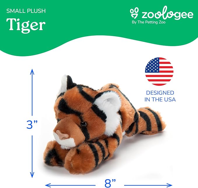 The Petting Zoo Tiger Stuffed Animal Plushie, Gifts for Kids, Scoopz Wildlife Animals, Orange Striped Tiger Plush Toy, 8 inches