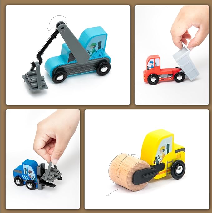 umu® Construction Toy Cars 7 PCS Wooden Kids Mini Vehicles for Toddlers, Compatible to Thomas Train Toys Railway and Major Brands, Best for 3 to 5 Year Old Boys and Girls