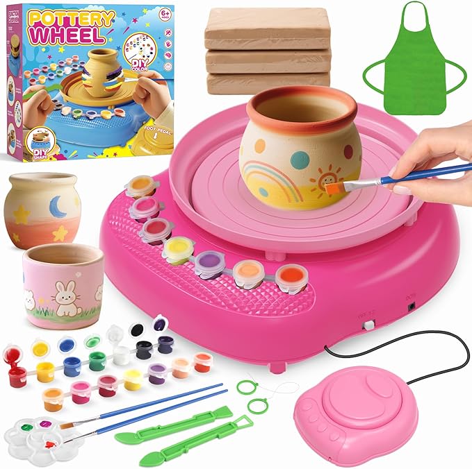 Pottery Wheel for Kids with Complete Clay Kit,Beginner Pottery Painting Set with Air Dry Clay,12 Paints,Sculpting Tools,Apron and Guide,Arts and Crafts Christmas Birthday Gift for Girls Boys Ages 6-12