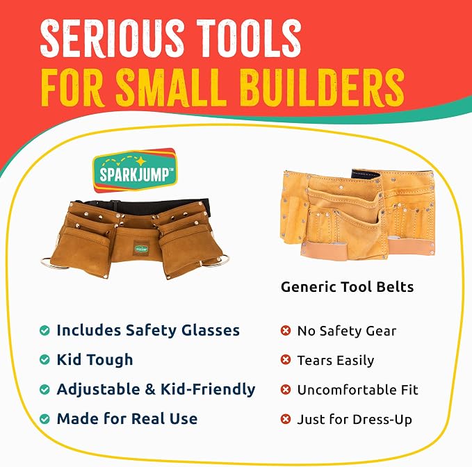SparkJump Kids Brown Tool Belt, Adjustable Tool Belt for Toddlers and Kids, Dress-Up Construction Costume for DIY Woodworking and STEM Learning