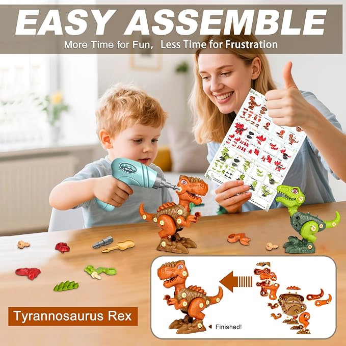 Laradola Assemble Dinosaur Toys for Kids: 3 Pack STEM Construction Building Set with Electric Toy Drill & Screwdrivers - Birthday Gift for Boys Girls Ages 3-5 5-7