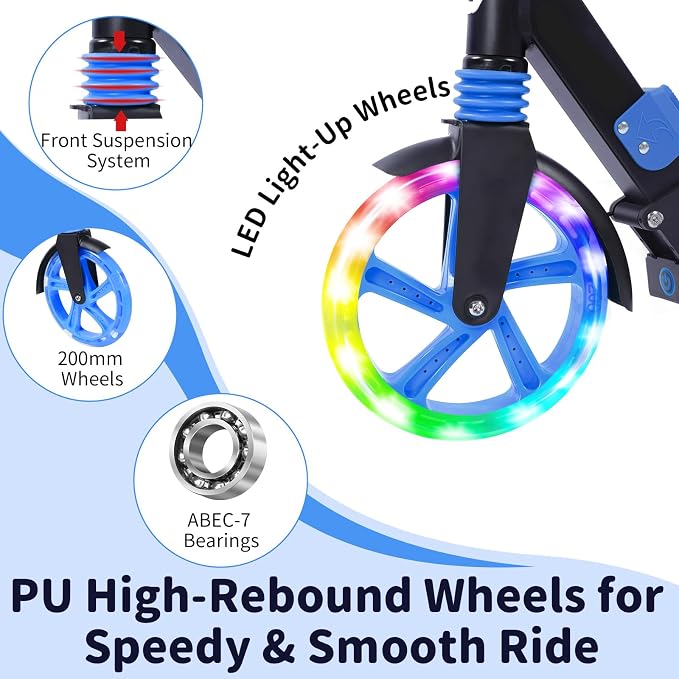 BELEEV V8 Scooters for Kids Ages 6+ with Light-Up Deck, 2 Wheel Folding Scooter for Kids, 4 Adjustable Height, Lightweight Sport Commuter Scooter, Sturdy Frame