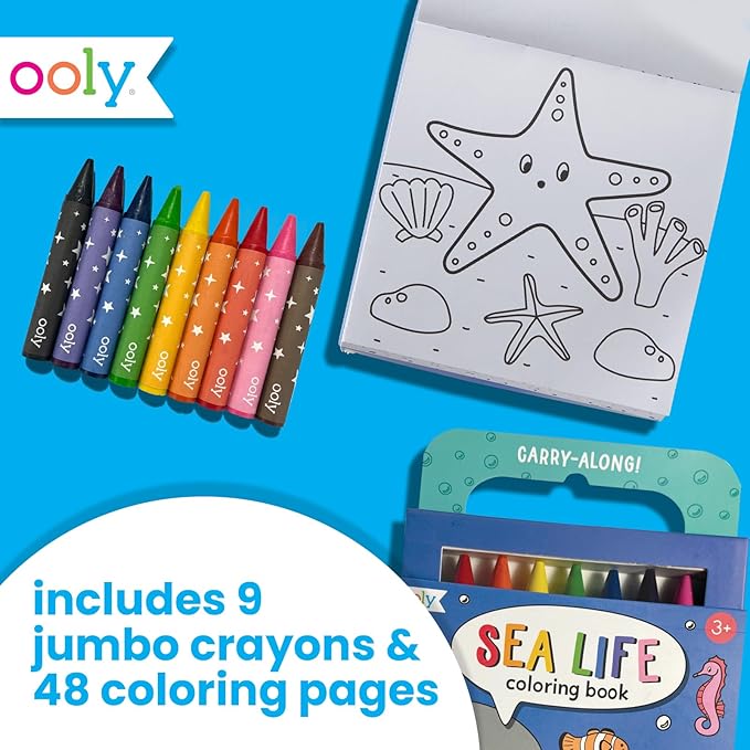 Ooly Kids Travel Activity Kit – 9 Jumbo Crayons & 48 Coloring Pages, Car Crafts for Kids, Mess-Free Road Trip Art Set, Airplane Activities – Sea Life