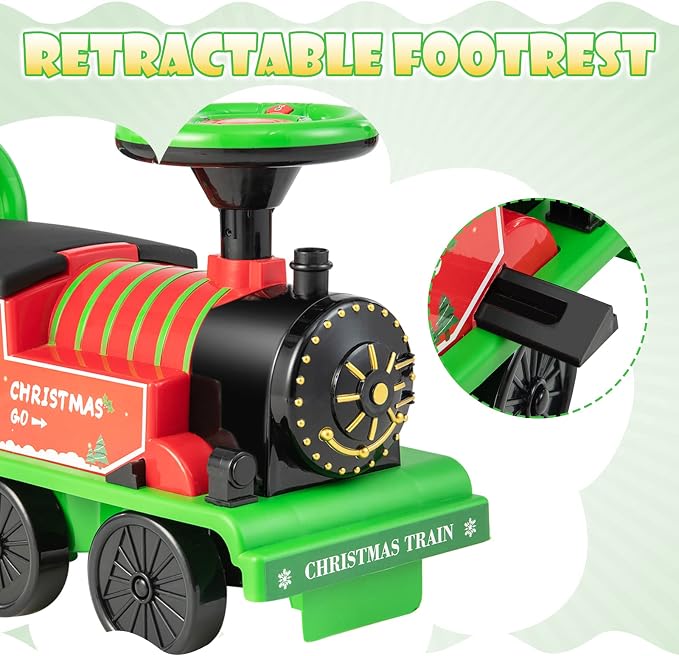 OLAKIDS Kids Ride On Train with Track, 6V Electric Toy with Lights and Sounds, Retractable Footrest, Under Seat Storage, Christmas Theme Battery Powered for Toddlers Boys Girls (1 Seater, Christmas)