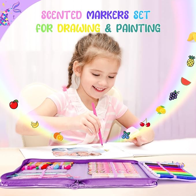 MAIGOZON Mermaid Gifts for Girls - 56 PCS Scented Markers Art Supplies Set for Kids Ages 4-8, Coloring Drawing Kit with Glitter Mermaid Case & Quick-Dry Gel Pens, Birthday Christmas Gift