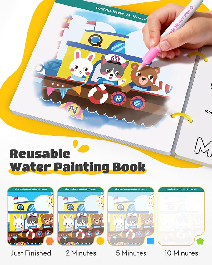 JUPITEARTH 3-in-1 Pack Mess Free Coloring Book Set,Reusable Water Painting Book with 2 Refillable Water Pens 28 Pages, Educational Activity Toys for Toddlers