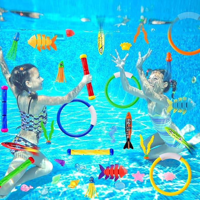 YUJUN 35PCS Pool Diving Swimming Toys, Summer Underwater Game Toys with Pool Fishes Dive Sticks Rings Gems Storage Bag for Kids Swim Birthday Party Favors