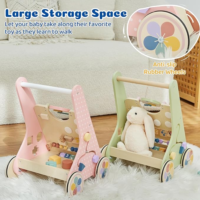Wooden Baby Walker with Wheels, Montessori Push Walker | Adjustable-speed wooden baby walker with Montessori activities and rubber wheels for safe learning to walk.