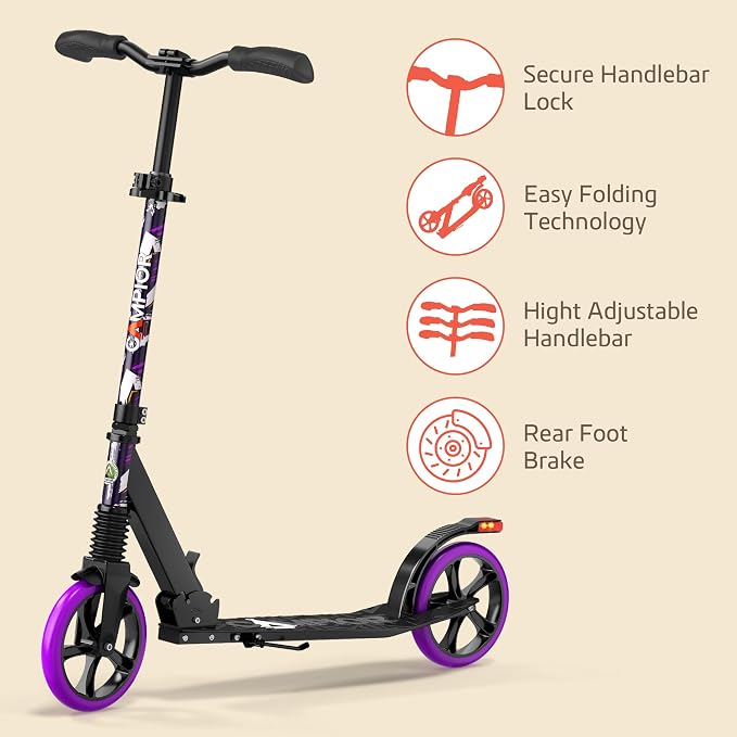 Campior Kick Scooter for Ages 6+, for Kids, Teens, and Adults, Max Load 240 LBS, Foldable, 8-inch Big Wheels for Kids and Adults, with Kickstand, 3 Adjustable Levels, Child Safety Approved, Purple
