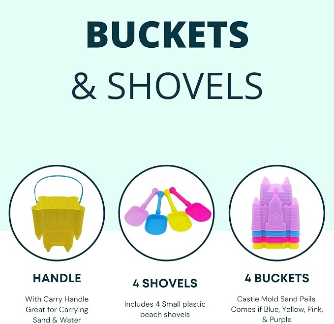 4E's Novelty (4 Sets) Castle Beach Buckets and Shovels, Large Size 7" - Sand Castle Building Kit, Sandcastle Molds Beach Toys for Kids 3-10, Outdoor Sand Toys for Toddlers