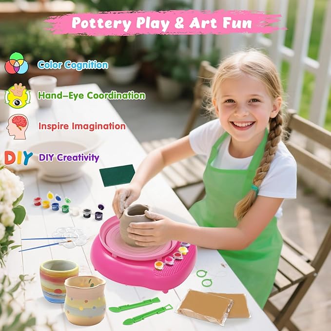 Pottery Wheel for Kids with Complete Clay Kit,Beginner Pottery Painting Set with Air Dry Clay,12 Paints,Sculpting Tools,Apron and Guide,Arts and Crafts Christmas Birthday Gift for Girls Boys Ages 6-12