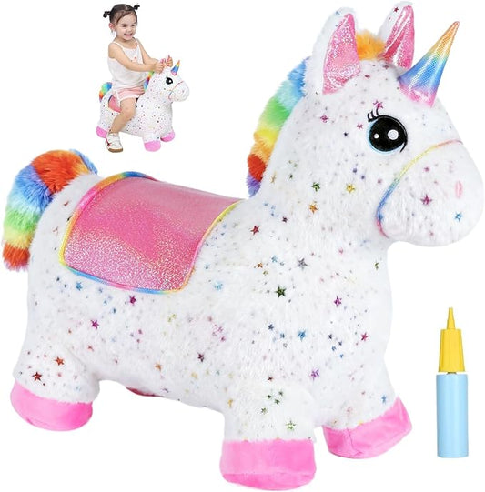 INPANY Unicorn Bouncy Horse Toys, Inflatable Unicorn with Rainbow Plush | Soft Washable Cover, Thick PVC, Stable 4-Leg Base, Cute Unicorn, Easy Inflation, Indoor & Outdoor Play, Gifts for 2-4 Kids