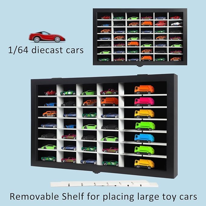 Diecast Model Car Display Case 1/64 Scale Toy Cars Organizer Storage Cabinet Wall Mount with Acrylic Glass Door & Removable Shelf - Holds Up to 42 Cars, Large-Black