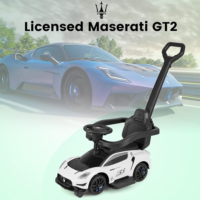 OLAKIDS Push Car for Toddlers, Licensed Maserati 3 in 1 Baby Ride on Sliding with Parent Control Handle, Universal Wheels Safe Guardrails Under Seat Storage, Kids Walking Toy with Music Horn (White)