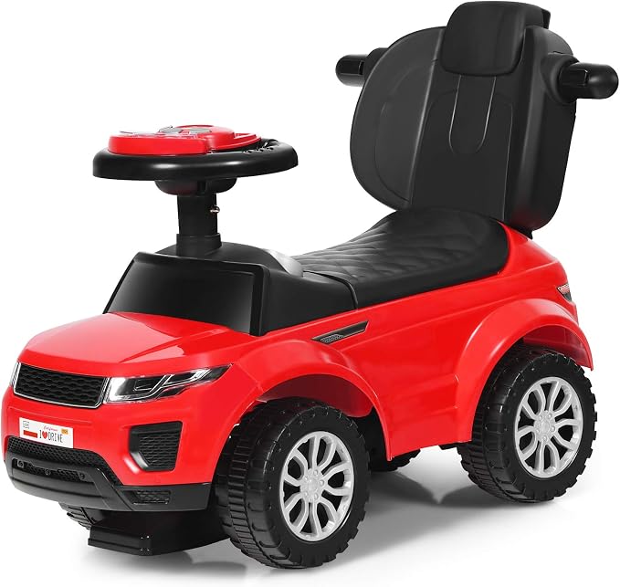Costzon 3 in 1 Ride on Push Car, Stroller Sliding Walking Car with Horn, Music, Light, Under Seat Storage, Parental Handle, Armrest Guardrails, Ride on Toy for Boys & Girls (Red)