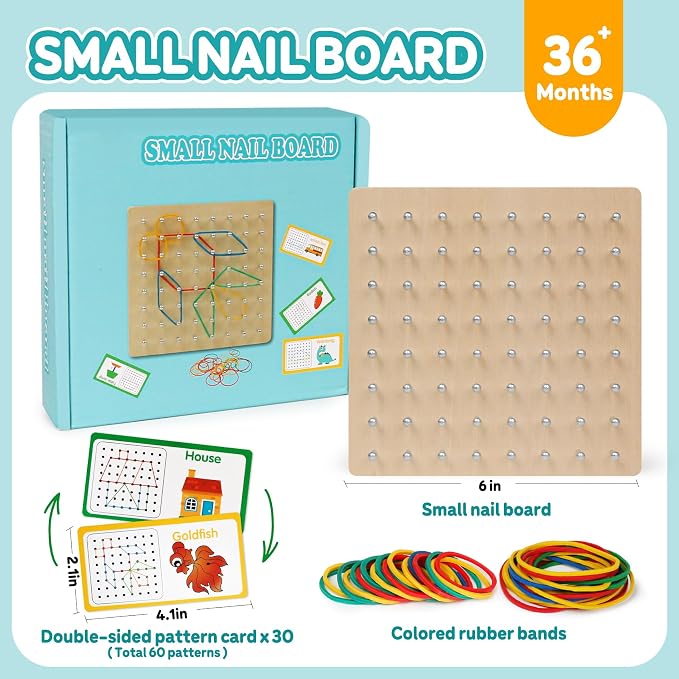 Wooden Geoboard for Kids - Montessori STEM Educational Toy with Pattern Cards & Rubber Bands,Early Fine Motor Skill Learning Shape Puzzle & Brain Teaser Geo Board for Boys Girls Ages 3+