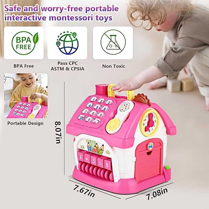 Toys for 1+ Year Old Girls - Montessori 8-in-1 Musical Activity House Toys with Lights, Sounds & Bilingual EN/ES Learning, First Birthday & Xmas Gifts for 1 2 3 Year Old Girl
