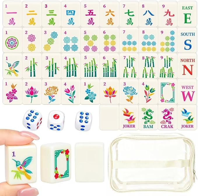 166 American Mahjong Tile Set with Storage Bag & Dice, 1.2" Mini White 3D Engraved Melamine Mahjong Tiles for Adults, Friends and Family Game Night, Travel Size Chinese Game Gifts