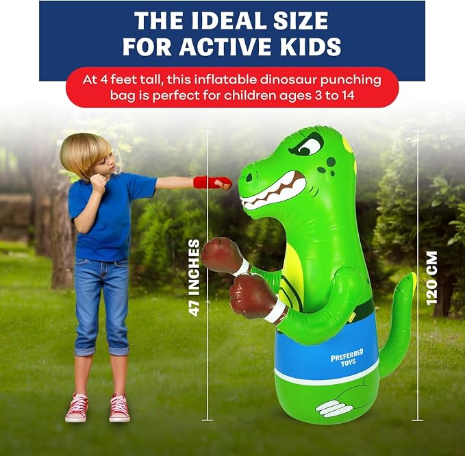Preferred Toys 47" Inflatable Dinosaur Punching Bag for Kids - Durable Blow Up Kids Punching Bag with Bounce Back Base - Inflatable Indoor Outdoor Active Toddler Bop Play Toy