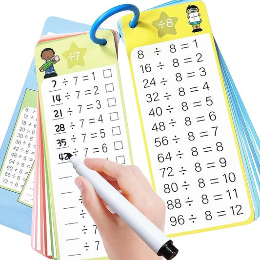 Division Flash Cards 1-12, 15PCS Times Table Flash Cards Chart, with Dry Erase Markers Sorting Ring, 1st, 2nd, 3rd Grades Educational Math Division Game for Kids Classroom Home