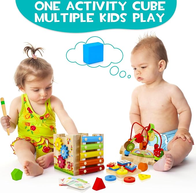 HELLOWOOD 8-in-1 Wooden Activity Cube for Kids, Sorting & Stacking Toys Shape Match Xylophone Montessori Learning Toy STEM Value Pack Gift for Boys Girls Toddlers-Light Pink Packaging