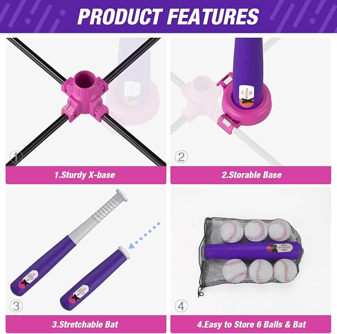 HYES 4 in 1 T Ball Sets for Kids 3-5 with Toss and Catch Ball Set, Hanging Tee Stand with Auto Pitching Machine/ 2 Bats, Indoor Outdoor Toys Baseball Gifts for Toddler Boys Girls, Purple