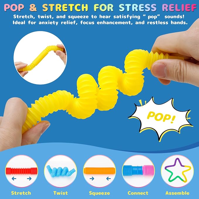 Pop Tubes, 60PCS Fidget Sensory Toys, Party Favors,Birthday Gifts,Goodie Bag Stuffers, Classroom School Reward,Creative STEM Learning & Fun for Toddler Kids(10 Colors)