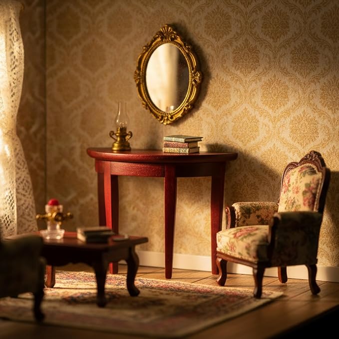 Miniature Half Moon Table Dollhouse Furniture 1/12 Scale for Living Room Bedroom Hallway, Entrance, Small Spaces, DIY Doll House Accessories (Red)