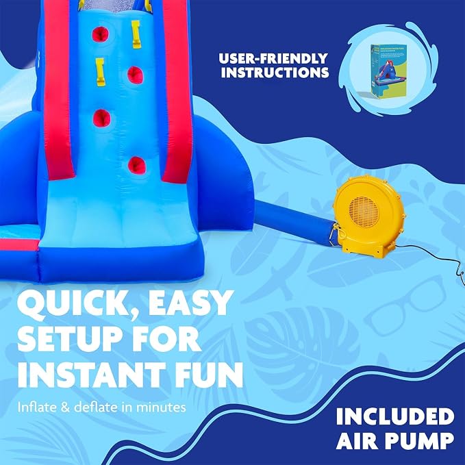 Sunny & Fun Deluxe Inflatable Water Slide Park & Splash Pool with Tunnel - Heavy-Duty for Outdoor Fun - Climbing Wall - Easy to Set Up & Inflate with Included Air Pump & Carrying Case