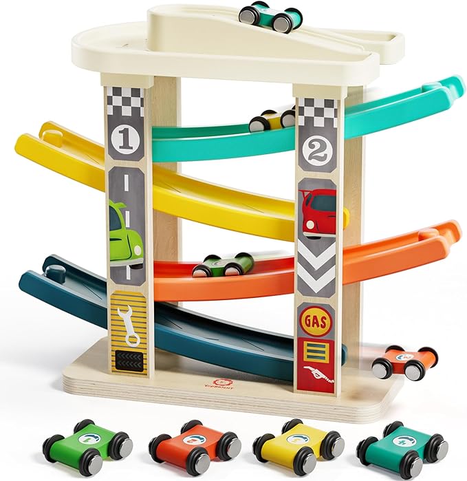 TOP BRIGHT Toddler Toys for 2 Year Old Boy, Wooden Car Ramp Race Track Set, Car Toys for Toddlers 1-3 with Cars and a Garage, Montessori Toys for 12 Year Old Boy Girl,Birthday Gift for Age 18+ Month