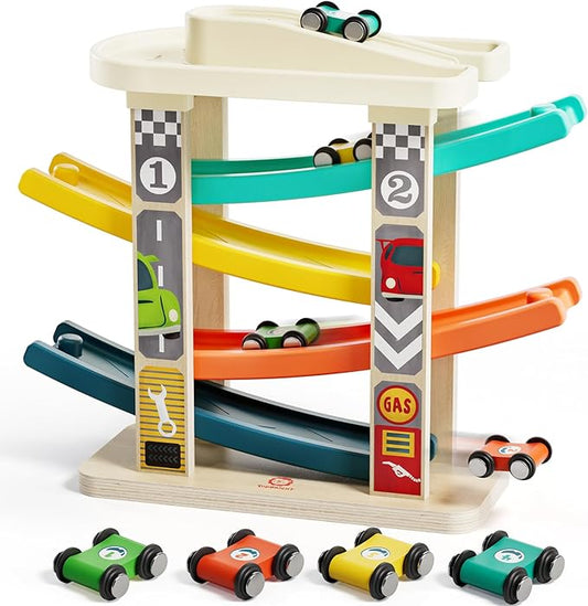 TOP BRIGHT Toddler Toys for 2 Year Old Boy, Wooden Car Ramp Race Track Set, Car Toys for Toddlers 1-3 with Cars and a Garage, Montessori Toys for 12 Year Old Boy Girl,Birthday Gift for Age 18+ Month