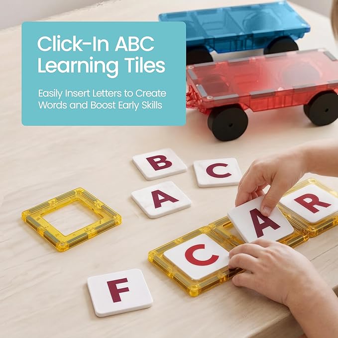 Playmags Magnetic Tiles for Kids 100-Piece Set, STEM Educational Building Blocks Toys for Kids, Includes Click-in ABC Learning Tiles, Gift for Boys & Girls, Add on Magnetic Figures, Car Set Available