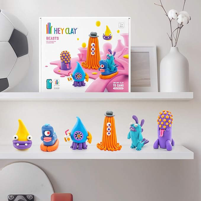 HEY CLAY - Beasts Set-Colourful Modeling Kids-Air Dry Clay Kit 15 cans and Sculpting Tools with Fun Interactive Instructions App, Multicoloured